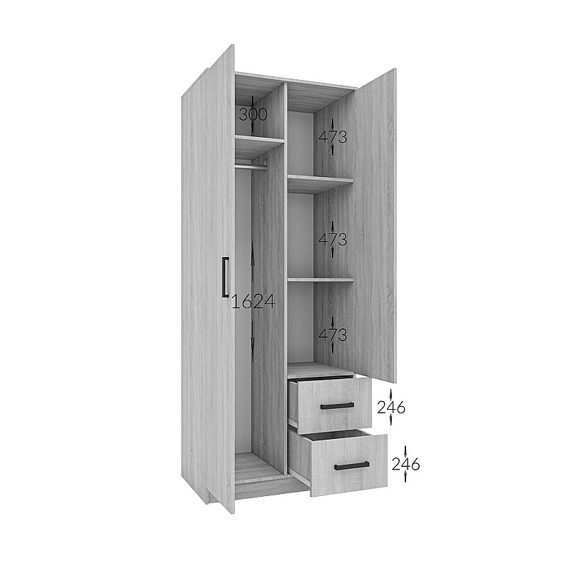 Ντουλάπα Δίφυλλη Simple με συρτάρια Σονόμα 80x52x205cm