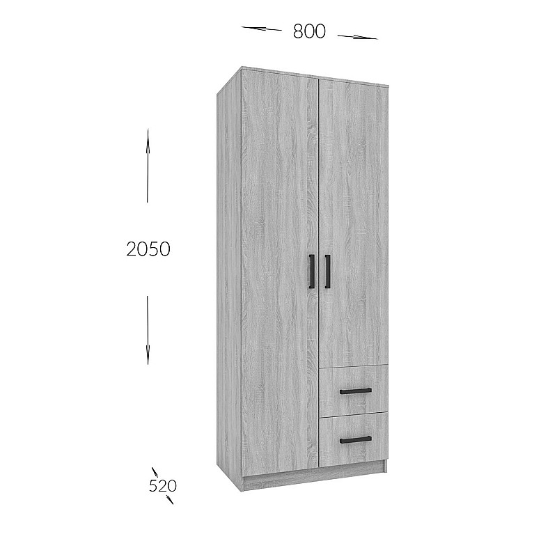 Ντουλάπα Δίφυλλη με συρτάρια Simple Γραφίτης 80x52x205cm