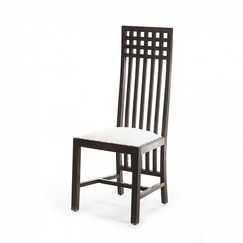 Καρέκλα χειροποίητη  από αμερικανική καρυδιά με ψηλή πλάτη με κατακόρυφες λωρίδες ξύλου και σχέδιο καρό στο επάνω μέρος. Το κάθισμα Artekko 201-0005