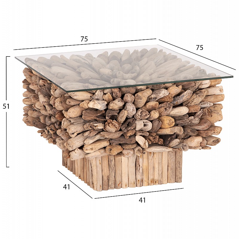 ΤΡΑΠΕΖΙ ΣΑΛΟΝΙΟΥ ΤΕΤΡΑΓΩΝΟ SPARROW HM9961 DRIFTWOOD--ΓΥΑΛΙ 75x75x51Υεκ.