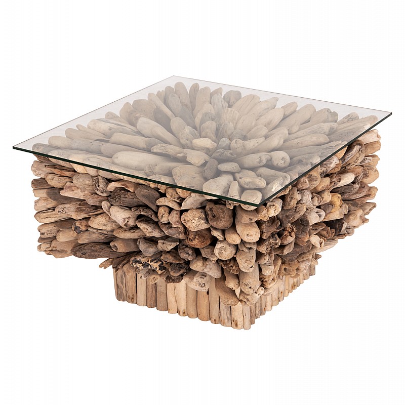 ΤΡΑΠΕΖΙ ΣΑΛΟΝΙΟΥ ΤΕΤΡΑΓΩΝΟ SPARROW HM9961 DRIFTWOOD--ΓΥΑΛΙ 75x75x51Υεκ.