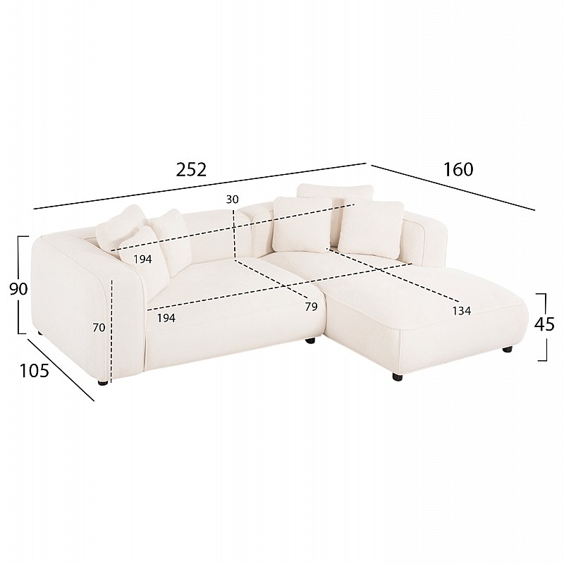 ΚΑΝΑΠΕΣ ΓΩΝΙΑ (ΔΕΞΙΑ) 3-ΘΕΣΙΟΣ GRACE HM3280.02R ΛΕΥΚΟ ΥΦΑΣΜΑ 252x160x70-90Υεκ
