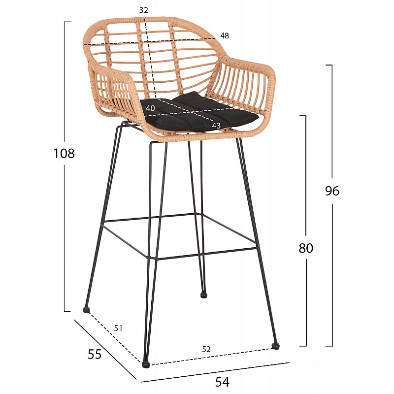 ΣΚΑΜΠΟ ΜΠΑΡ ΨΗΛΟ ALLEGRA HM5640.11 ΜΠΕΖ P.E. RATTAN-ΜΑΥΡΟ ΜΕΤΑΛΛΟ 54x55x108Υεκ.