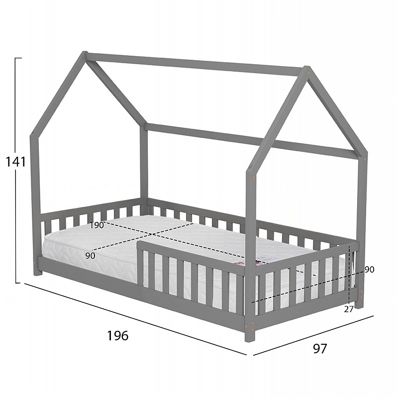 ΚΡΕΒΑΤΙ ΠΑΙΔΙΚΟ ΜΕ ΣΤΡΩΜΑ PHYLLIS HM21304.02 ΞΥΛΟ ΠΕΥΚΟΥ ΣΕ ΓΚΡΙ--ΣΤΡΩΜΑ 90x190εκ