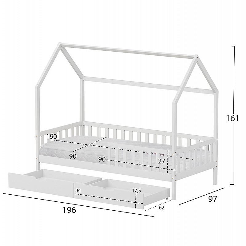 ΚΡΕΒΑΤΙ ΠΑΙΔΙΚΟ ΜΕ ΣΥΡΤΑΡΙΑ PHYLLIS HM21324.01 ΞΥΛΟ ΠΕΥΚΟΥ ΛΕΥΚΟ--ΜΕ ΣΤΡΩΜΑ 90x190εκ