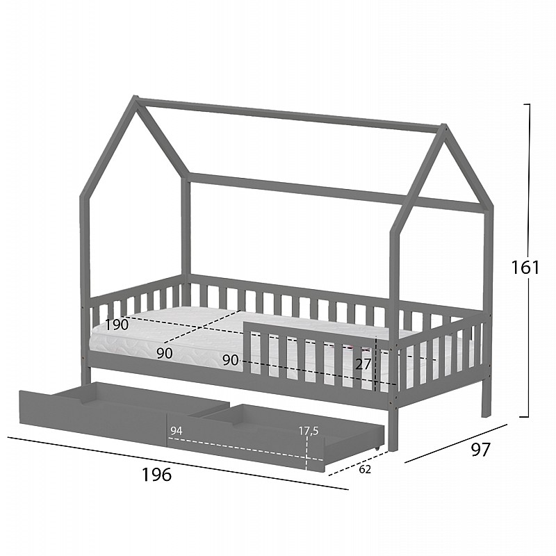 ΚΡΕΒΑΤΙ ΠΑΙΔΙΚΟ ΜΕ ΣΥΡΤΑΡΙΑ PHYLLIS HM21324.02 ΞΥΛΟ ΠΕΥΚΟΥ ΓΚΡΙ--ΜΕ ΣΤΡΩΜΑ 90x190εκ