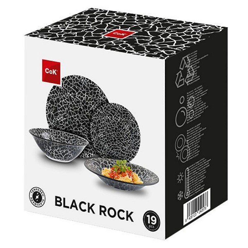 Σετ πιάτα φαγητού απο γυαλί υψηλής αντοχής "BLACK ROCK" στρόγγυλα 19 τμχ σε χρώμα μαύρο