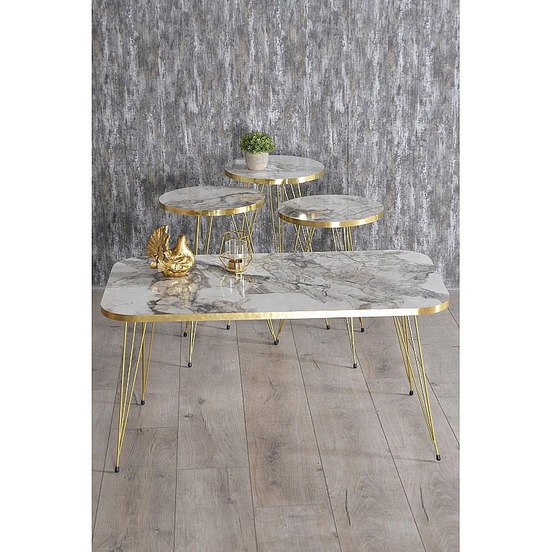 Tραπέζια σαλονιού "LOVELY" 4 τμχ σε χρώμα λευκό μαρμάρου/χρυσό 90x50x43