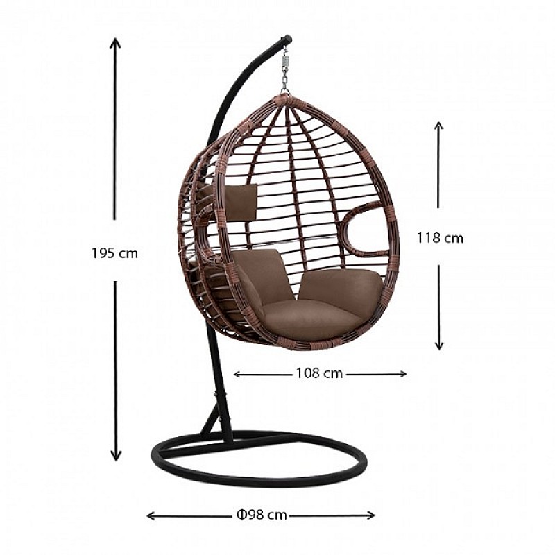Κρεμαστή κούνια - φωλιά "ARIADNI" με wicker σε χρώμα cappuccino & καφέ μαξιλάρια 108x75x195