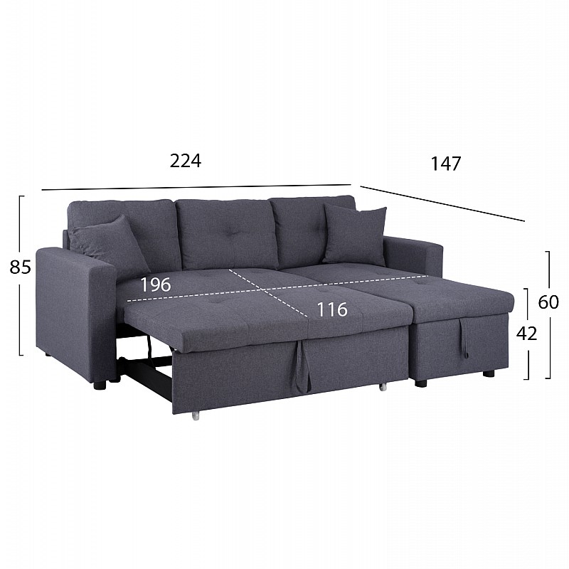 Γωνιακός καναπές κρεβάτι Insta με αποθηκευτικό χώρο γκρι ύφασμα 220Χ85/145Χ85