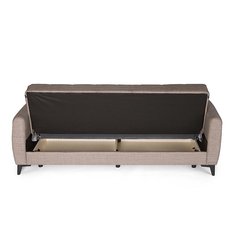 Καναπές-κρεβάτι με αποθηκευτικό χώρο τριθέσιος Milos μπεζ-καφε ύφασμα 210x78x85