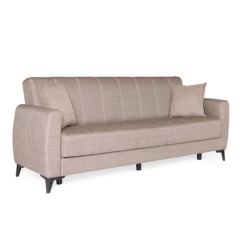 Καναπές-κρεβάτι με αποθηκευτικό χώρο τριθέσιος Milos μπεζ-καφε ύφασμα 210x78x85