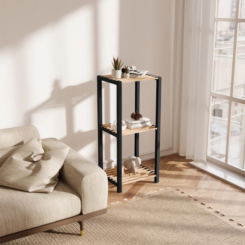 Ραφιέρα δαπέδου - Κομοδίνο ξύλινο - πλαστικό χρώμα φυσικό - μαύρο 37x29x79εκ.