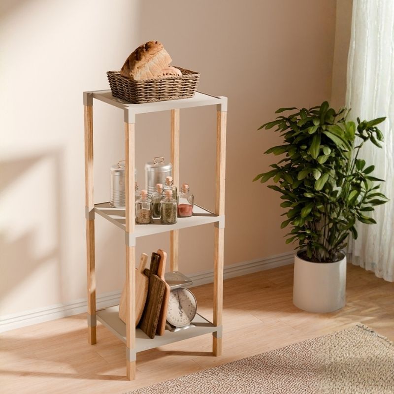 Ραφιέρα δαπέδου πλαστική - ξύλινη χρώμα φυσικό - μπεζ 28x25x72εκ.