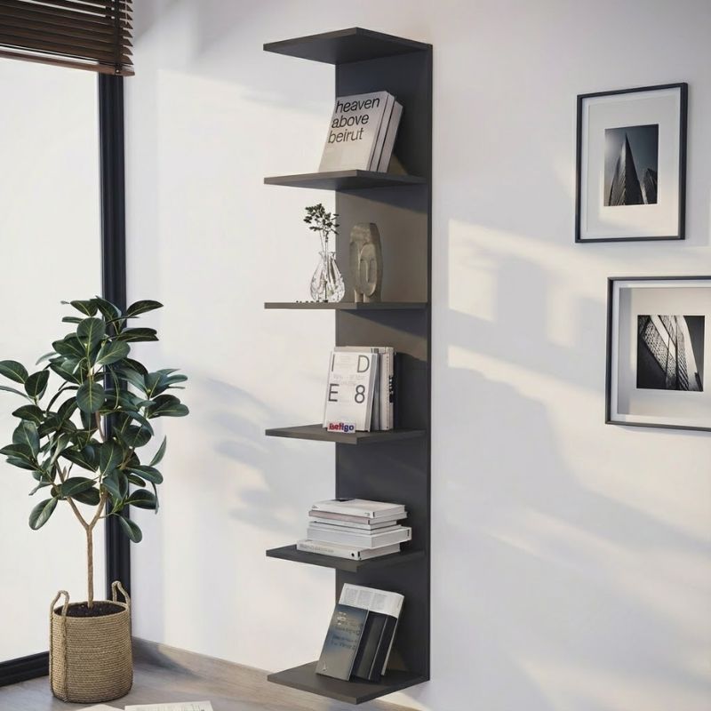 Βιβλιοθήκη - Ραφιέρα τοίχου Ogden Megapap χρώμα ανθρακί 34,5x30x180εκ.