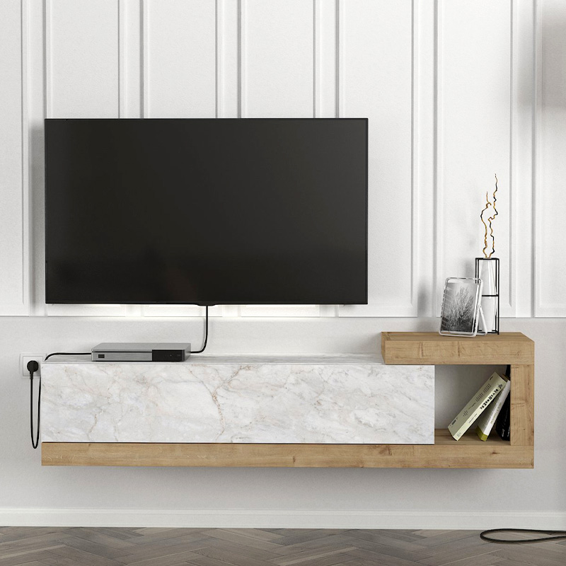 Έπιπλο τηλεόρασης επιτοίχιο Volare Megapap χρώμα λευκό εφέ μαρμάρου - sapphire oak 150x29,6x38,6εκ.