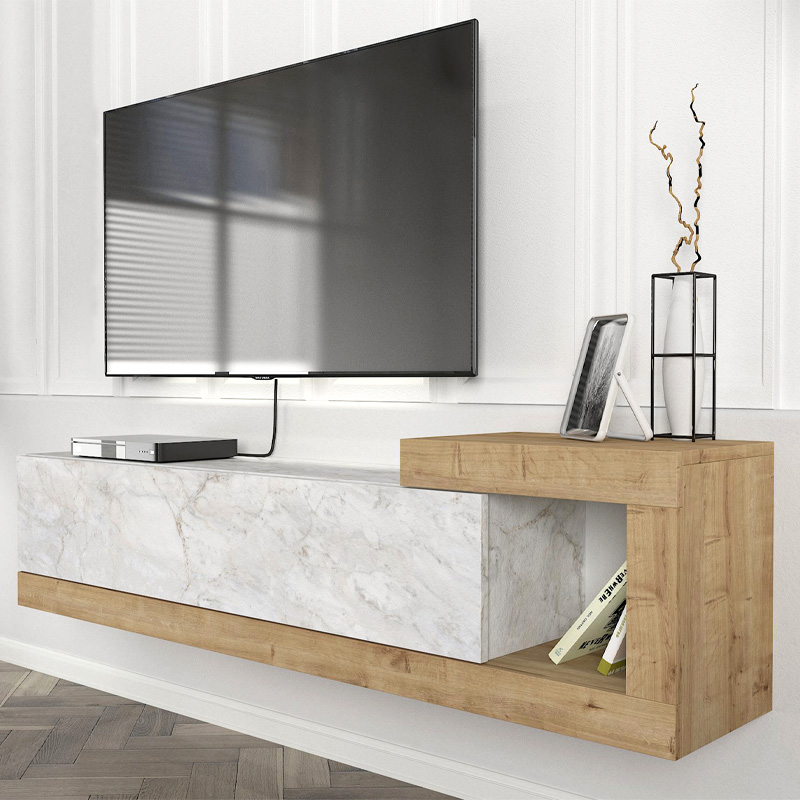 Έπιπλο τηλεόρασης επιτοίχιο Volare Megapap χρώμα λευκό εφέ μαρμάρου - sapphire oak 150x29,6x38,6εκ.