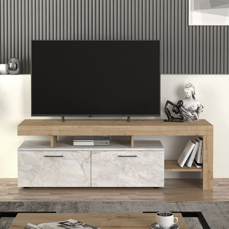 Έπιπλο τηλεόρασης Acnes Megapap χρώμα λευκό εφέ μαρμάρου - sapphire oak 160x40x53εκ.