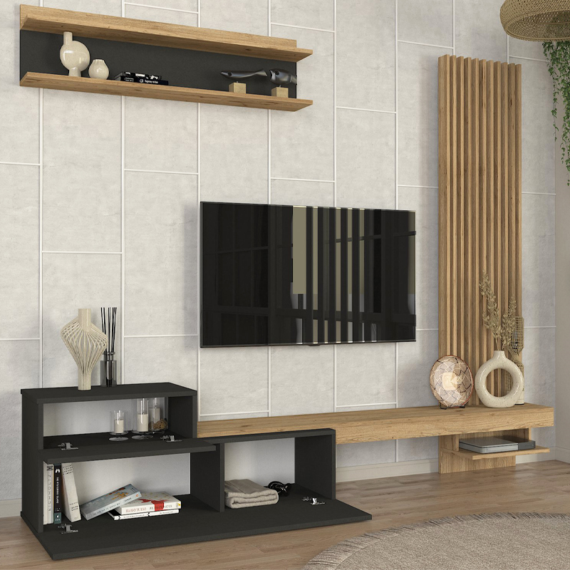 Σύνθεση τηλεόρασης Dumont Megapap χρώμα ανθρακί - sepet oak 240x36,8x200εκ. Σύνθεση τηλεόρασης Dumont Megapap χρώμα ανθρακί - sepet oak 240x36,8x200εκ.