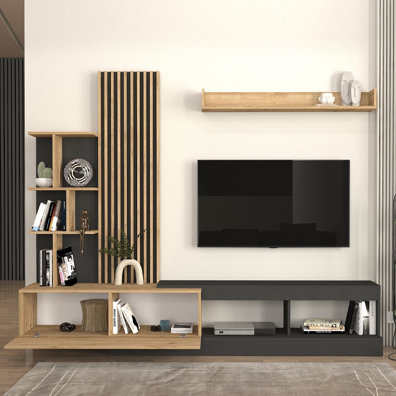 Σύνθεση τηλεόρασης Vermont Megapap χρώμα ανθρακί - sepet oak 240x40x192εκ. Σύνθεση τηλεόρασης Vermont Megapap χρώμα ανθρακί - sepet oak 240x40x192εκ.