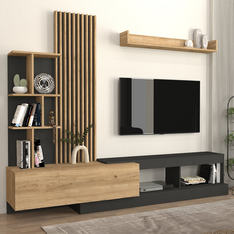 Σύνθεση τηλεόρασης Vermont Megapap χρώμα ανθρακί - sepet oak 240x40x192εκ. Σύνθεση τηλεόρασης Vermont Megapap χρώμα ανθρακί - sepet oak 240x40x192εκ.