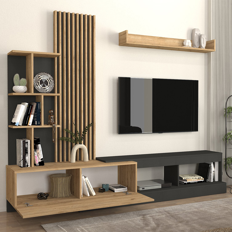 Σύνθεση τηλεόρασης Vermont Megapap χρώμα ανθρακί - sepet oak 240x40x192εκ. Σύνθεση τηλεόρασης Vermont Megapap χρώμα ανθρακί - sepet oak 240x40x192εκ.