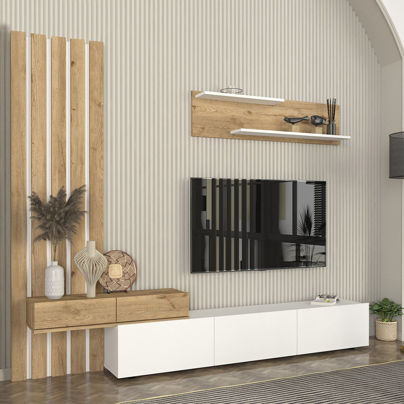 Σύνθεση τηλεόρασης Rosaline Megapap χρώμα λευκό - sepet oak 233x31,3x196,8εκ. Σύνθεση τηλεόρασης Rosaline Megapap χρώμα λευκό - sepet oak 233x31,3x196,8εκ.