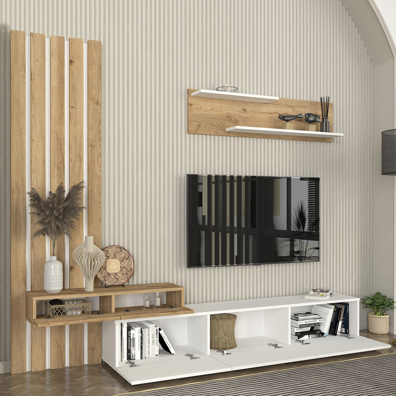 Σύνθεση τηλεόρασης Rosaline Megapap χρώμα λευκό - sepet oak 233x31,3x196,8εκ. Σύνθεση τηλεόρασης Rosaline Megapap χρώμα λευκό - sepet oak 233x31,3x196,8εκ.
