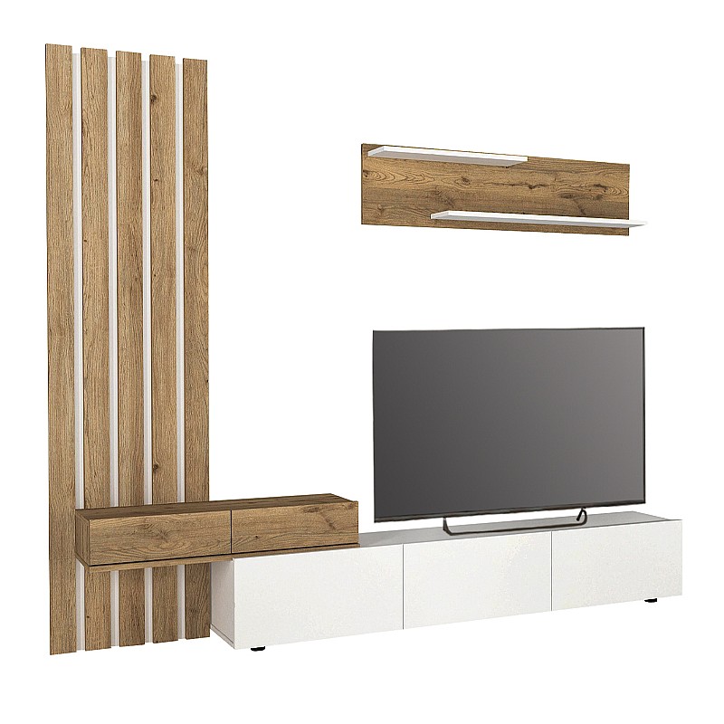 Σύνθεση τηλεόρασης Rosaline Megapap χρώμα λευκό - sepet oak 233x31,3x196,8εκ. Σύνθεση τηλεόρασης Rosaline Megapap χρώμα λευκό - sepet oak 233x31,3x196,8εκ.