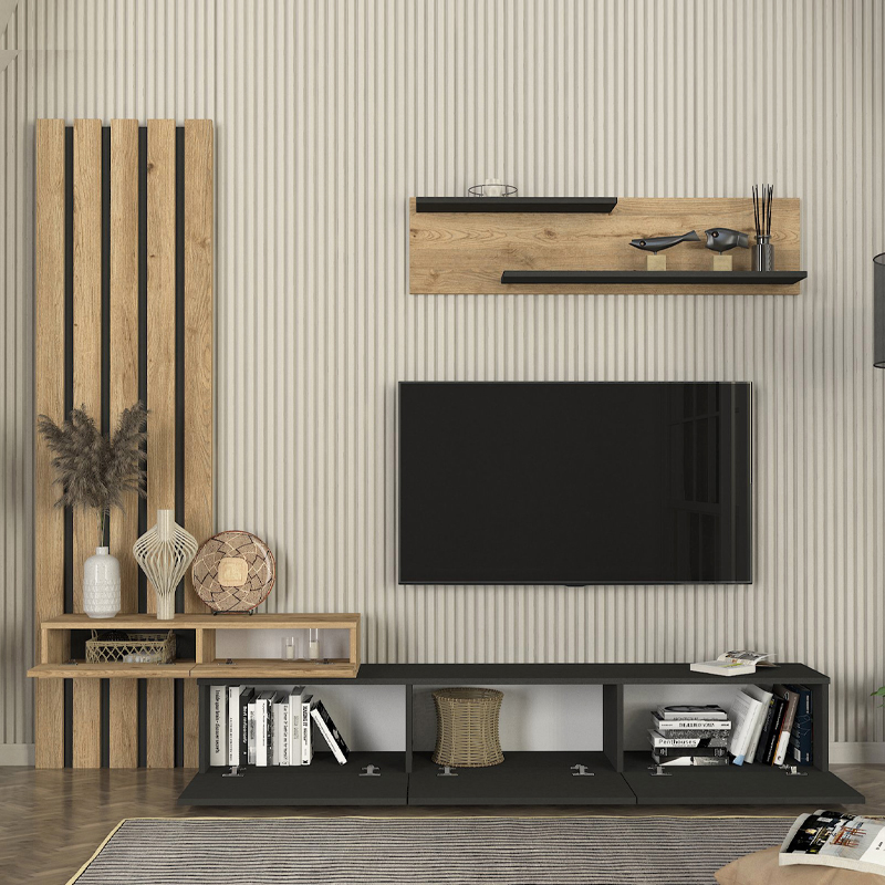 Σύνθεση τηλεόρασης Rosaline Megapap χρώμα ανθρακί - sepet oak 233x31,3x196,8εκ. Σύνθεση τηλεόρασης Rosaline Megapap χρώμα ανθρακί - sepet oak 233x31,3x196,8εκ.