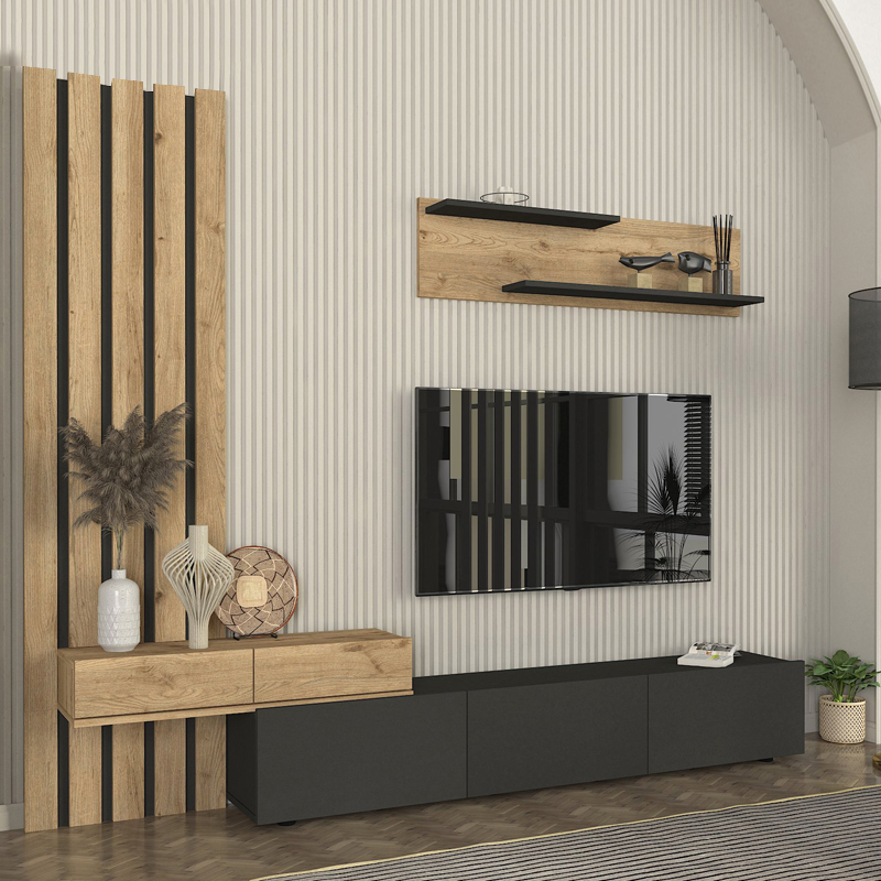 Σύνθεση τηλεόρασης Rosaline Megapap χρώμα ανθρακί - sepet oak 233x31,3x196,8εκ. Σύνθεση τηλεόρασης Rosaline Megapap χρώμα ανθρακί - sepet oak 233x31,3x196,8εκ.