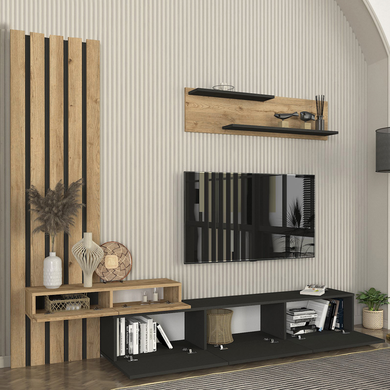 Σύνθεση τηλεόρασης Rosaline Megapap χρώμα ανθρακί - sepet oak 233x31,3x196,8εκ. Σύνθεση τηλεόρασης Rosaline Megapap χρώμα ανθρακί - sepet oak 233x31,3x196,8εκ.