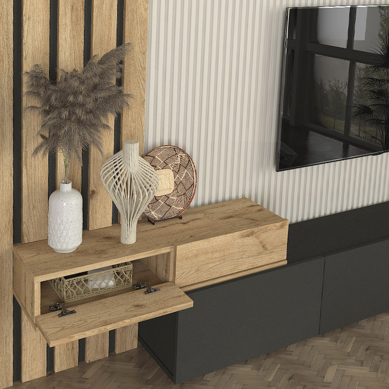 Σύνθεση τηλεόρασης Rosaline Megapap χρώμα ανθρακί - sepet oak 233x31,3x196,8εκ. Σύνθεση τηλεόρασης Rosaline Megapap χρώμα ανθρακί - sepet oak 233x31,3x196,8εκ.