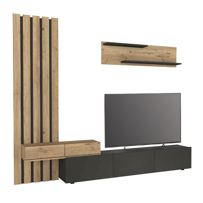 Σύνθεση τηλεόρασης Rosaline Megapap χρώμα ανθρακί - sepet oak 233x31,3x196,8εκ. Σύνθεση τηλεόρασης Rosaline Megapap χρώμα ανθρακί - sepet oak 233x31,3x196,8εκ.