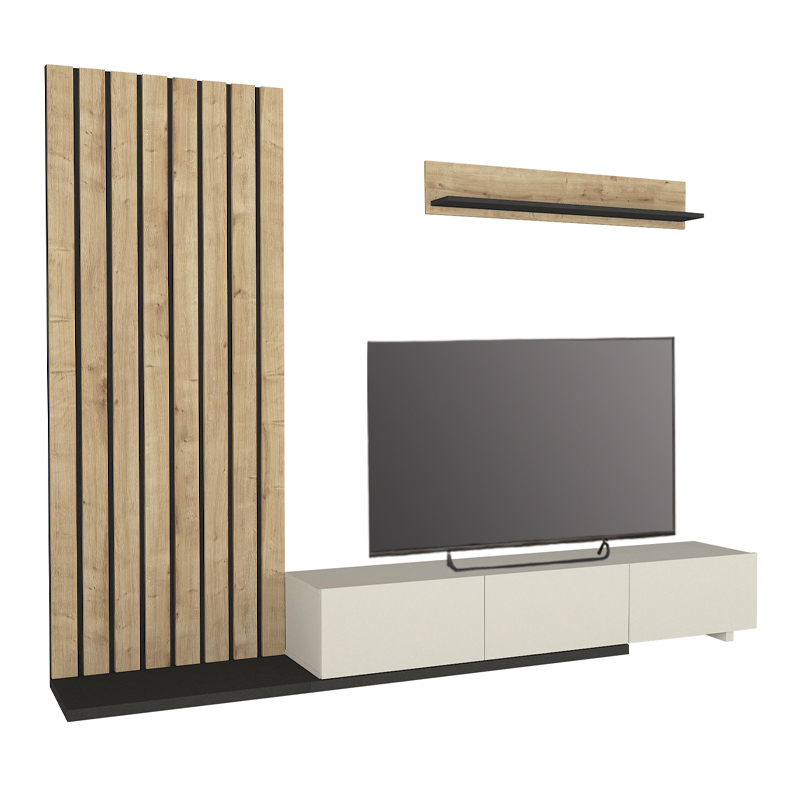 Σύνθεση τηλεόρασης Nagini Megapap χρώμα ivory - sapphire oak - ανθρακί 260x39,4x203,6εκ. Σύνθεση τηλεόρασης Nagini Megapap χρώμα ivory - sapphire oak - ανθρακί 260x39,4x203,6εκ.