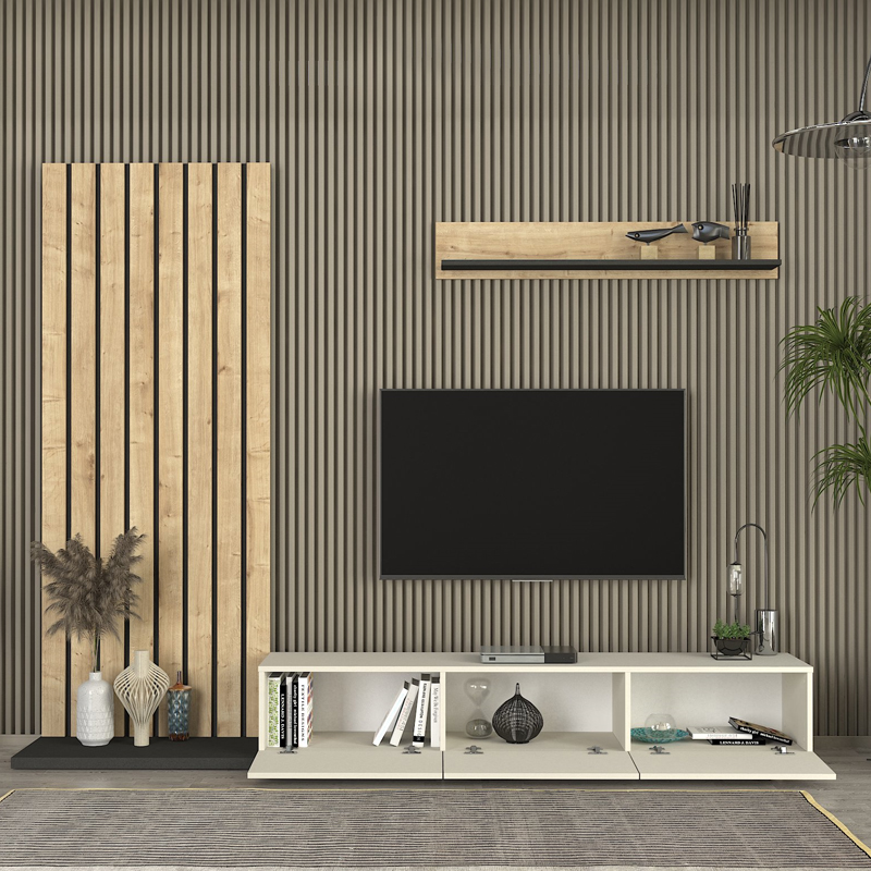 Σύνθεση τηλεόρασης Nagini Megapap χρώμα ivory - sapphire oak - ανθρακί 260x39,4x203,6εκ. Σύνθεση τηλεόρασης Nagini Megapap χρώμα ivory - sapphire oak - ανθρακί 260x39,4x203,6εκ.