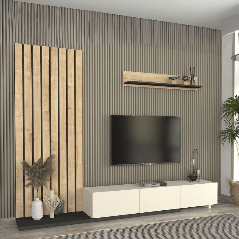 Σύνθεση τηλεόρασης Nagini Megapap χρώμα ivory - sapphire oak - ανθρακί 260x39,4x203,6εκ. Σύνθεση τηλεόρασης Nagini Megapap χρώμα ivory - sapphire oak - ανθρακί 260x39,4x203,6εκ.