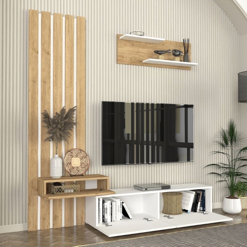 Σύνθεση τηλεόρασης Rosaline Megapap χρώμα λευκό - sepet oak 183x31,3x196,9εκ.