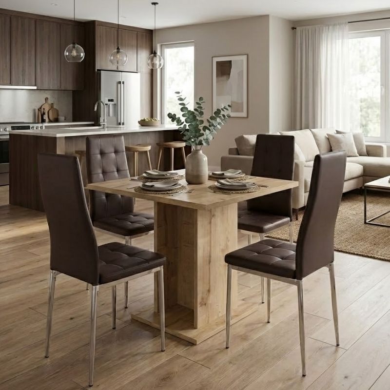 Σετ τραπεζαρία 5τμχ Allos - Rosa Megapap χρώμα sapphire oak - καφέ/χρωμίου πόδι 75x75x77εκ.