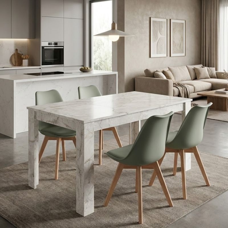 Σετ τραπεζαρία 5τμχ Darlen - Viva Megapap χρώμα λευκό εφέ μαρμάρου - φυστικί 125x72x74εκ.