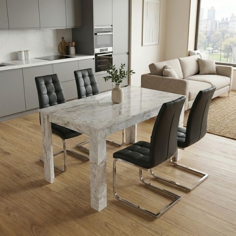 Σετ τραπεζαρία 5τμχ Darlen - Vela Megapap χρώμα λευκό εφέ μαρμάρου - μαύρο 125x72x74εκ.