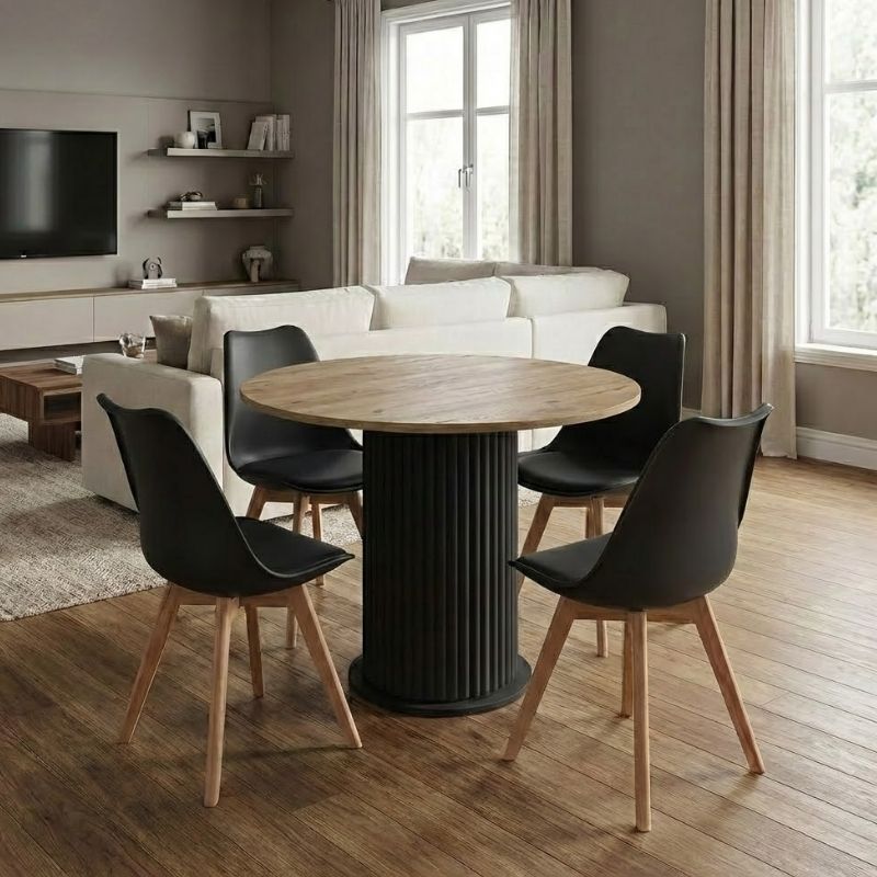 Σετ τραπεζαρία 5τμχ Bohema - Viva Megapap χρώμα μαύρο/sepet oak - μαύρο/φυσικό πόδι Ø90x77,7εκ.