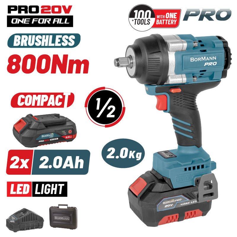 BORMANN Pro BBP5386X22C Μπουλονόκλειδο Brushless Mπαταρίας 20V,Li-Ion,2x2Ah,800Nm & Βαλίτσα
