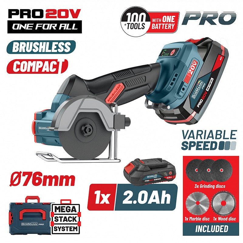BORMANN Pro BBP5418X2CA Μini Brushless Γωνιακός Τροχός Ρυθμιζόμενος 20V, 0-7000/14000/20000rpm,1x2Ah