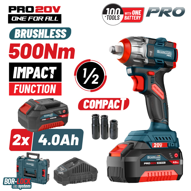 BORMANN Pro BBP5422X44CA Μπουλονόκλειδο Compact Brushless Mπαταρίας 20V Li-Ion,500Nm,2x4Αh,Βαλίτσα