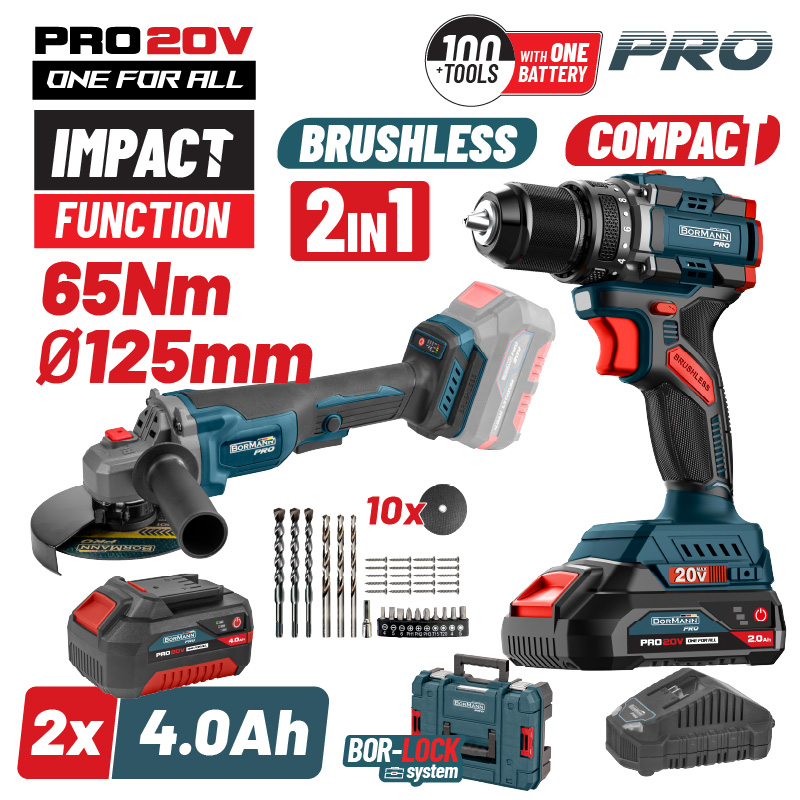 BORMANN Pro BBP5433X44T2CA Σετ Compact Brushless Κρουστικό Δραπαν/βιδο 65Νm & Γωνιακός Τροχός,ΒMC