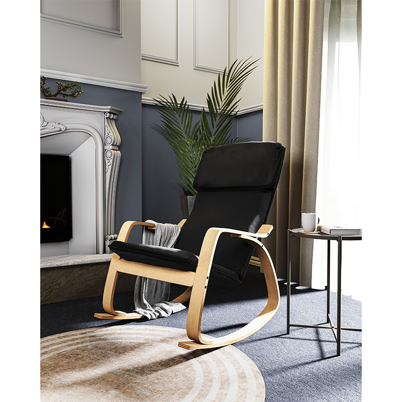 Πολυθρόνα Zenia Pakoworld Κουνιστή Σε Μαύρο Ύφασμα Και Φυσικό Ξύλο