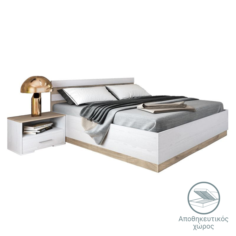Κρεβάτι Διπλό Με Δύο Κομοδίνα Patrice Pakoworld Λευκό-Φυσικό Αποθηκευτικός Χώρος 160X200Εκ