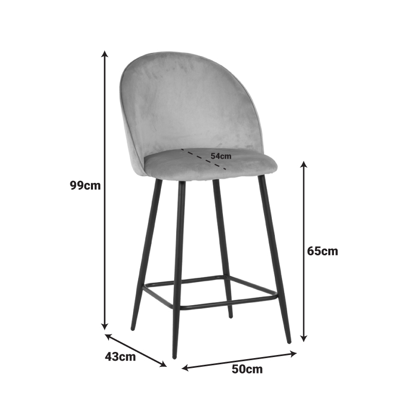 Σκαμπό Μπαρ Μεσαίου Ύψους Perch Pakoworld Βελούδο Σε Γκρί Απόχρωση Με Μαύρα Μεταλλικά Πόδια 50X43X99Εκ