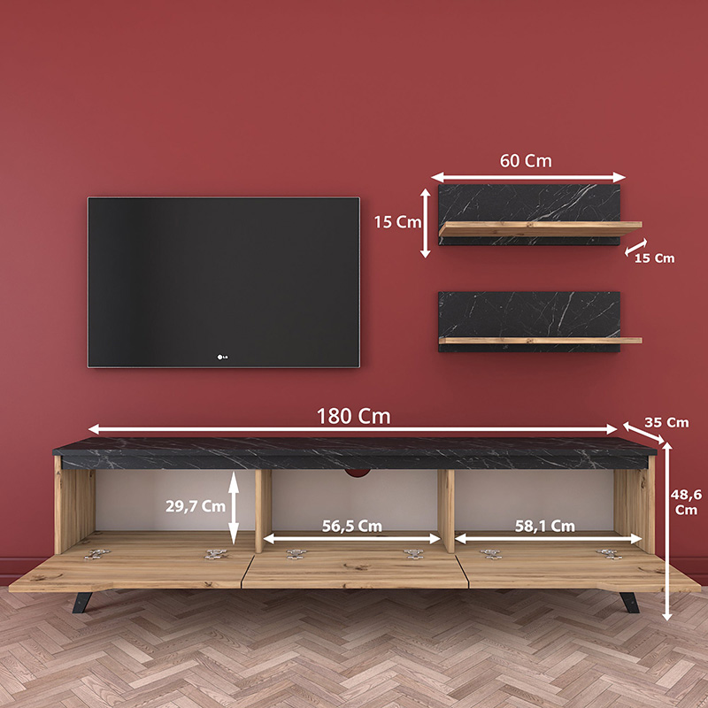 Σύνθετο Σαλονιού Kasia Pakoworld Oak-Μαύρο Μαρμάρου 180X35X48,5Εκ